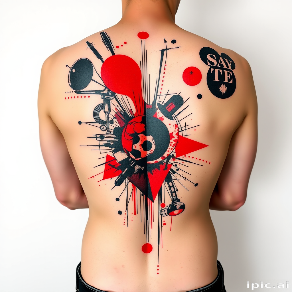 Avant-garde trash polka body tattoo combining abstract shapes, typography, and photorealistic elements on the back, using bold red and black ink for a striking contrast