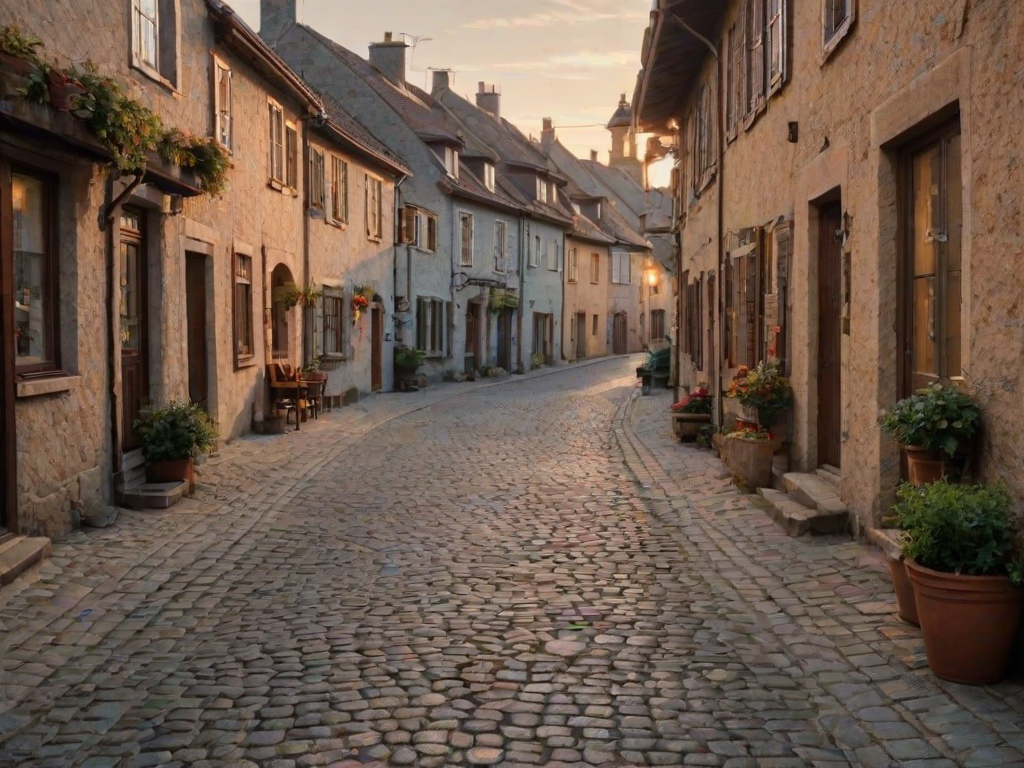 Sharp, high-resolution photo of a cobblestone street in a small European village at sunrise, soft light reflecting off the stones, quaint buildings lining the road, and the smell of fresh pastries drifting from a nearby  cafe.