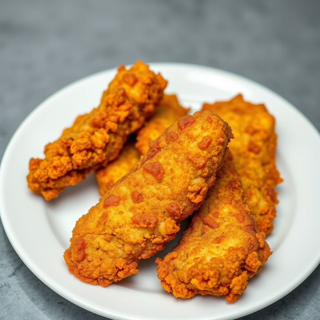 photograph of crispy fried chicken strips on a plain white plate, taken with a Canon EOS 5D Mark IV, 50mm lens, f/2.8 aperture, ISO 100, 1/200s shutter speed, natural light, shallow depth of field, vibrant colors