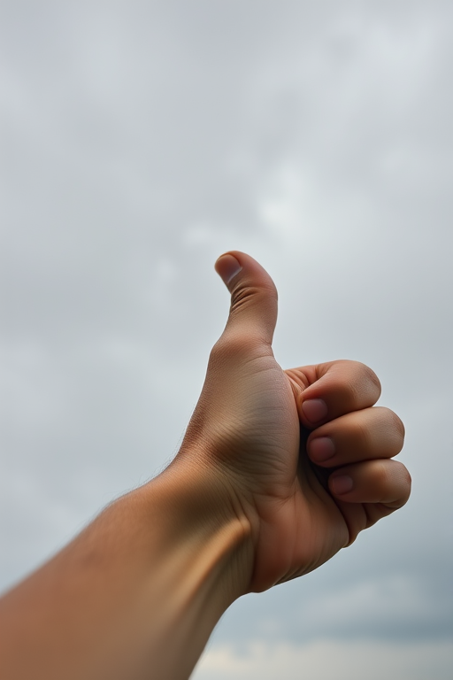 A close-up shot of a hand giving a thumbs-up gesture against a backdrop of a cloudy sky, taken with a DSLR camera at f/8 aperture, ISO 200, 1/200 sec shutter speed, focal length of 35mm, cloudy lighting for a soft effect, capturing vibrant colors and details.