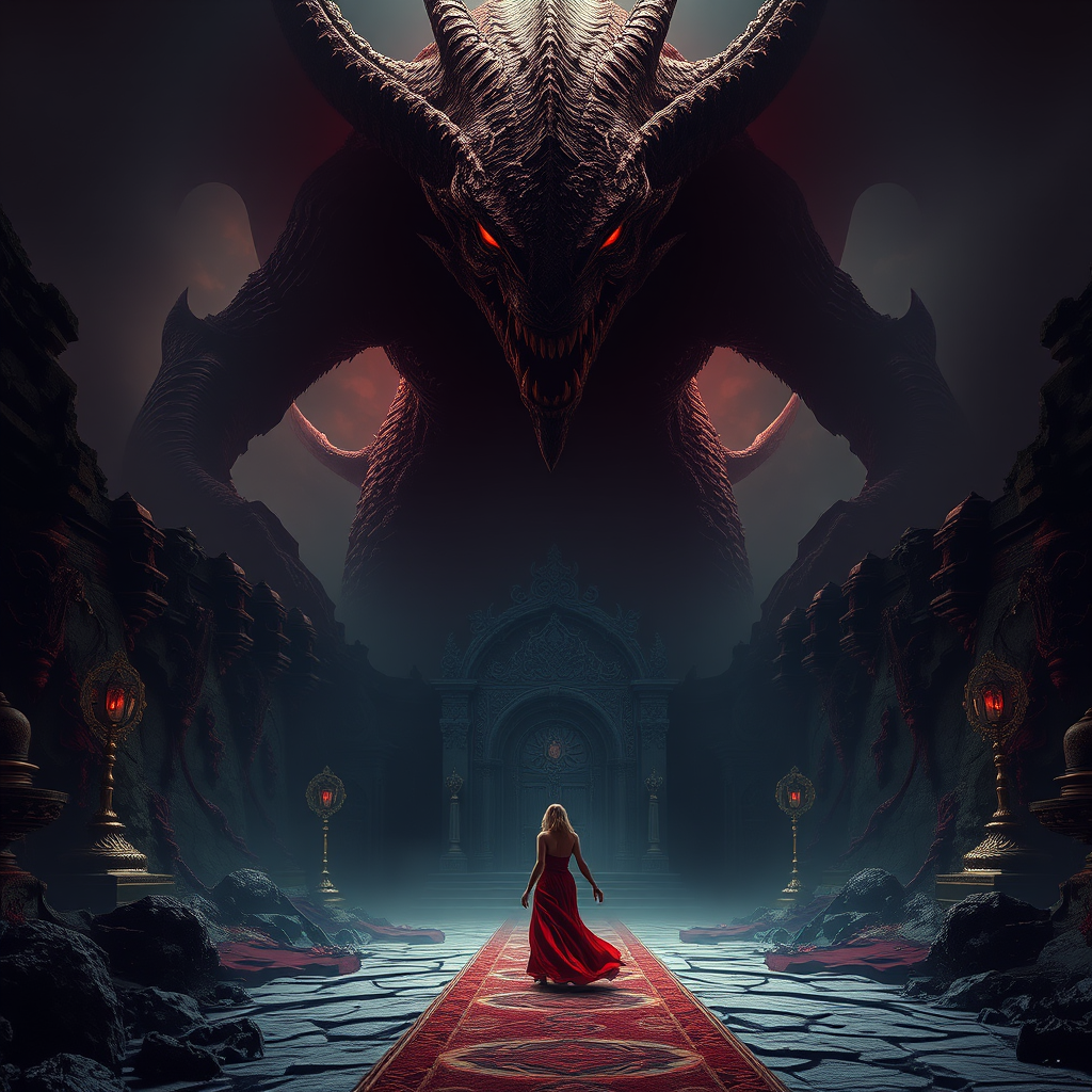 Create a highly detailed fantasy scene featuring a massive, menacing creature looming over a dark, mystical landscape with a figure in a flowing red gown walking towards a grand, ornate entrance, shot with a Canon EOS R5 at f/1.8, ISO 200, 35mm lens, in low light with dramatic shadows and rich colors for added depth and intrigue.