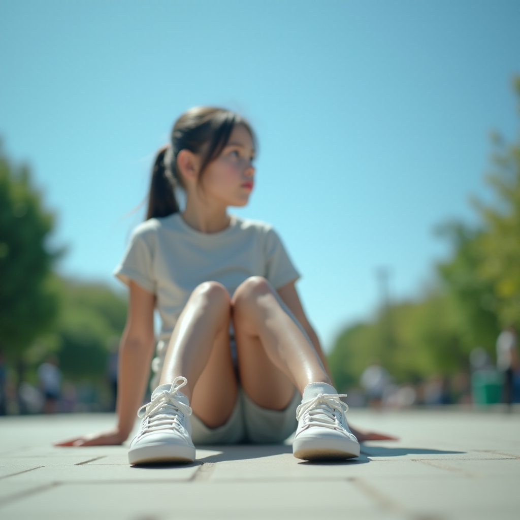 Generate an ultra-realistic, highly detailed, high-definition photograph. It's a photo of a girl sitting on the floor. She's looking at the horizon. The photo is taken from the bottom up, at ground level. The girl's sneakers are in the foreground, in the center of the scene. The girl is wearing light clothes, a t-shirt and short shorts. The sky is blue. Bright environment. The background is a blurred image of a park.