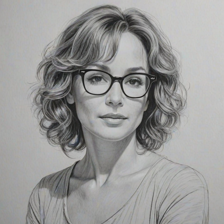 Graceful Jennifer Grey, pencil sketch, portrait of Alluring woman 1962s in glasses, hair style beatnik, outline, clear lines, fine lines, 8k