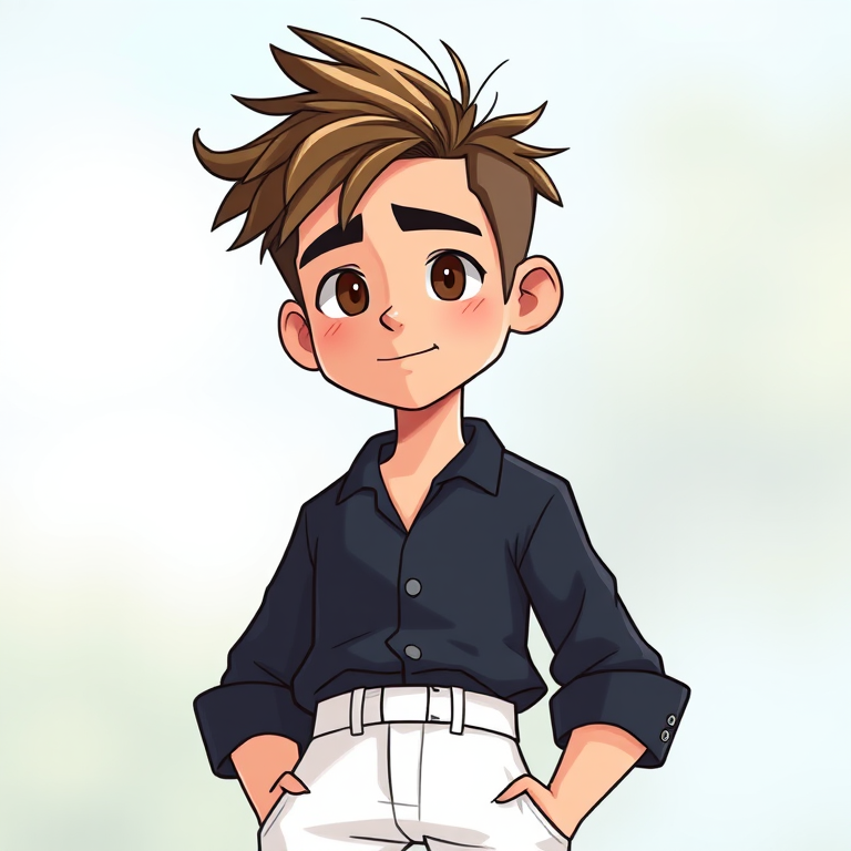 Create a high-quality cartoon character illustration of a male figure with messy hair, wearing a dark shirt and white pants, captured in 4K resolution with a 50mm lens, f/1.8 aperture, soft focus background, and natural lighting for enhanced depth and vibrancy.