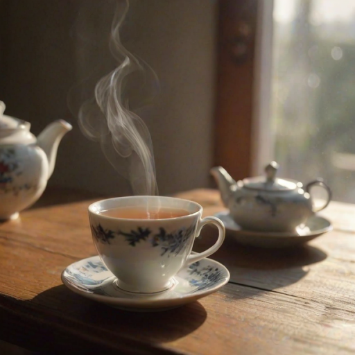 Close-up of a freshly brewed cup of tea on a wooden table, with a delicate china teapot nearby, soft steam rising from the cup, and sunlight streaming through a nearby window.