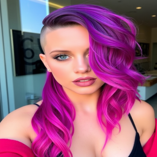 Daring trendsetter rocking a half-shaved head with long, wavy tresses on one side, colored in a bold purple to magenta ombré gradient