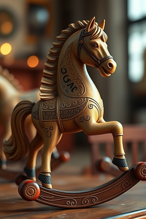 Create a high-resolution image of a rocking horse design with intricate details, using a DSLR camera with a 50mm lens, f/2.8 aperture, ISO 100, and a soft focus background for depth.