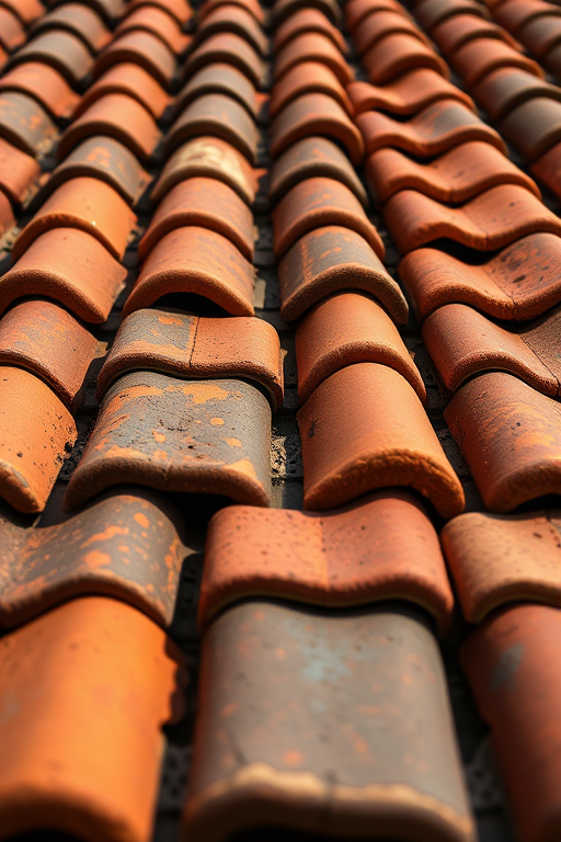 create a detailed close-up of a weathered clay tile roof with vibrant colors and textures, captured with a Canon EOS 5D Mark IV, 50mm lens, f/8 aperture, ISO 100, in natural light from a high angle to emphasize the roof's patterns and imperfections