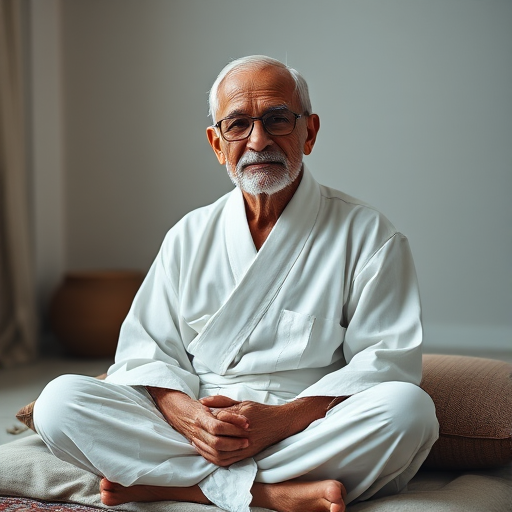 Generate a hyper-realistic portrait of a serene elderly man with glasses, wearing a simple white robe, sitting cross-legged on cushions, with soft ambient lighting and a blurred background, using a 50mm lens, f/1.8 aperture, ISO 100, and a Canon EOS R5 to enhance image quality.