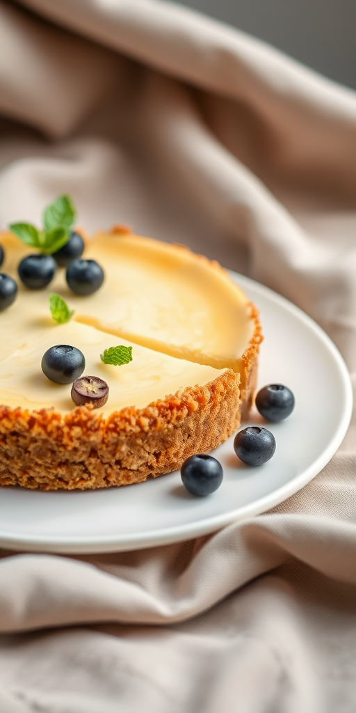 Create an image of a delicious cheesecake with a golden crumb crust topped with fresh blueberries and small green leaves arranged neatly on a white plate placed on a soft textured fabric background.