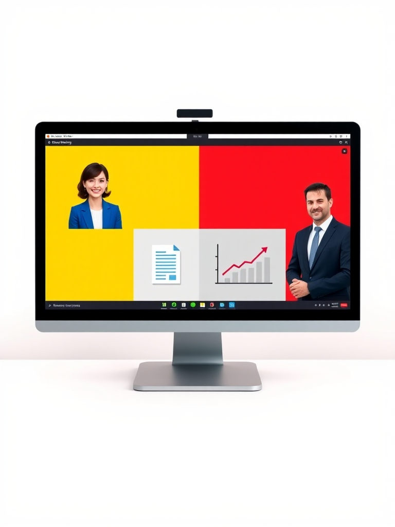Create a digital artwork depicting a computer screen divided into four quadrants showing a virtual meeting, with a professional woman in a blue blazer on a yellow background, a documents icon on a white background, a graph on a gray background, and a professional man in a suit on a red background, using a high-resolution camera, 50mm lens, f/2.8 aperture, and soft lighting to enhance details and colors.