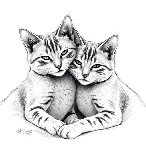 Create a high-resolution black and white sketch of two cats cuddling, with soft shadows and detailed fur texture, shot using a DSLR camera at f/4, 85mm lens, natural light, and a shallow depth of field to enhance the focus on their expressions.