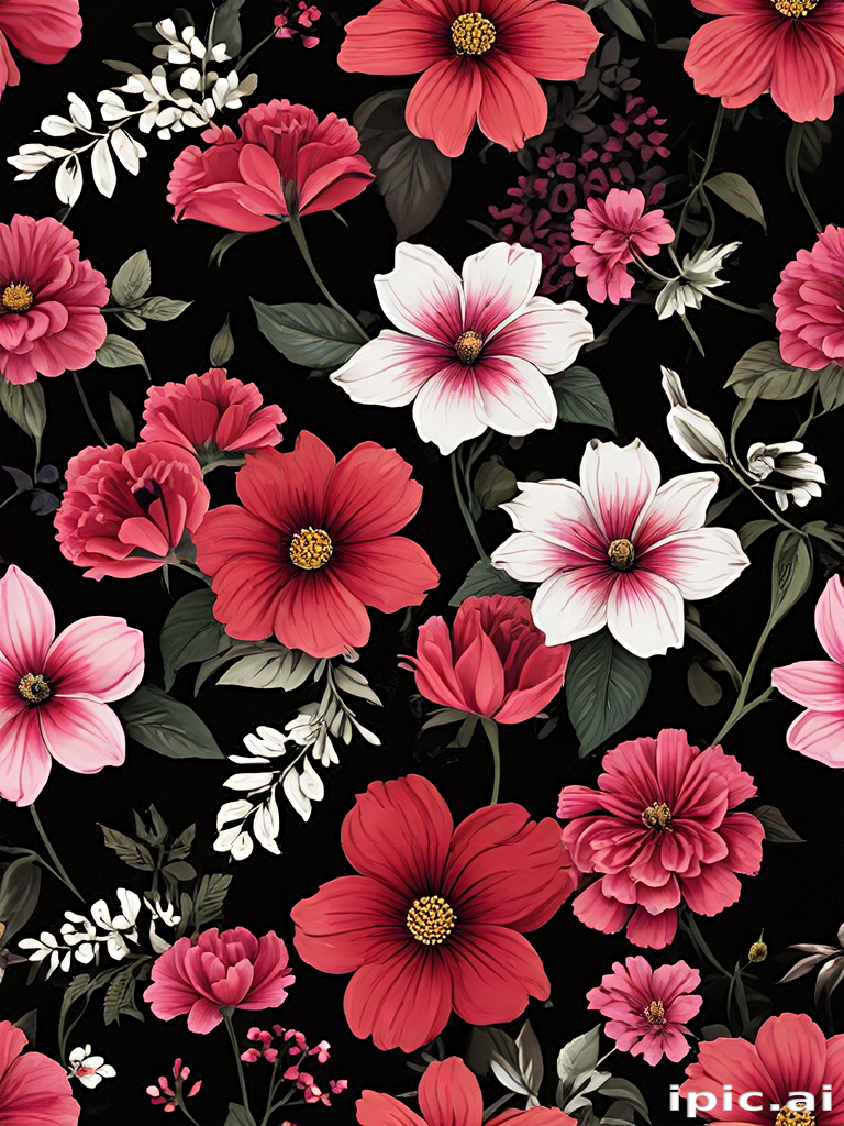 Vibrant Floral Pattern Featuring Various Colorful Flowers Against a ...