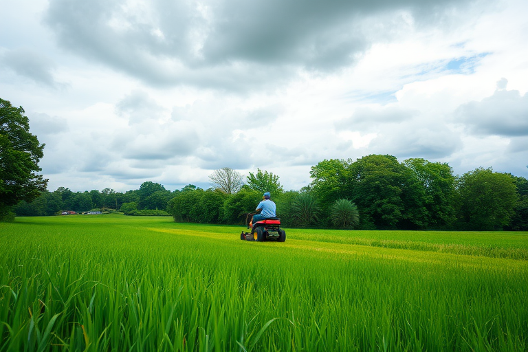 lush green landscape with a person mowing grass on a riding mower under a cloudy sky, captured with a Canon EOS 90D, 35mm lens, f/8 aperture, 1/250s shutter speed, and ISO 100, in a wide-angle view to emphasize the depth of the scene and the height of the grass.