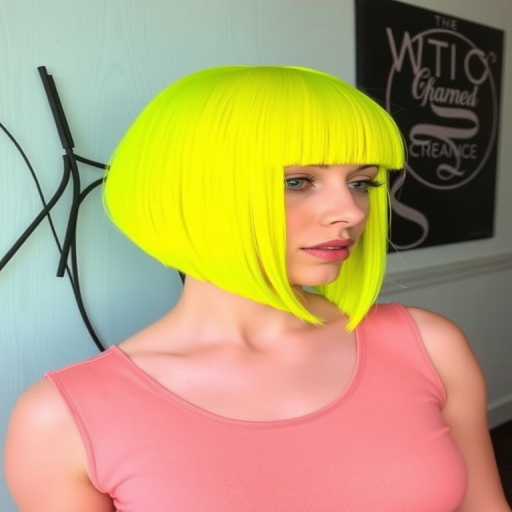 Vivid neon yellow bob called "Electric Sunshine" features a blunt cut with razor-sharp edges and subtle lime green undertones, creating a bold and energetic statement