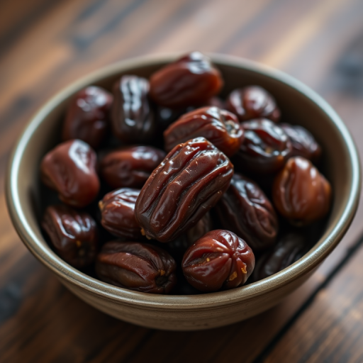 a close-up shot of a bowl filled with dates placed on a wooden surface, natural lighting, DSLR camera, f/2.8 aperture, 50mm lens, ISO 100, focus mode set to single-point autofocus