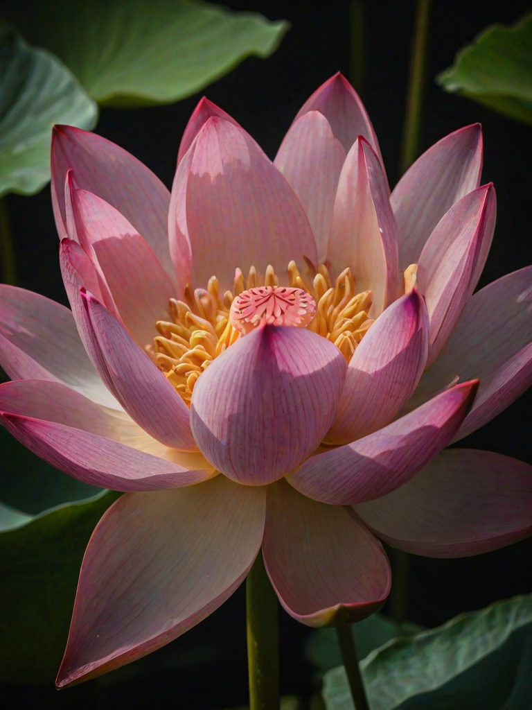 a close-up of a vibrant pink lotus flower with delicate petals, surrounded by green leaves, softly illuminated in a dark background