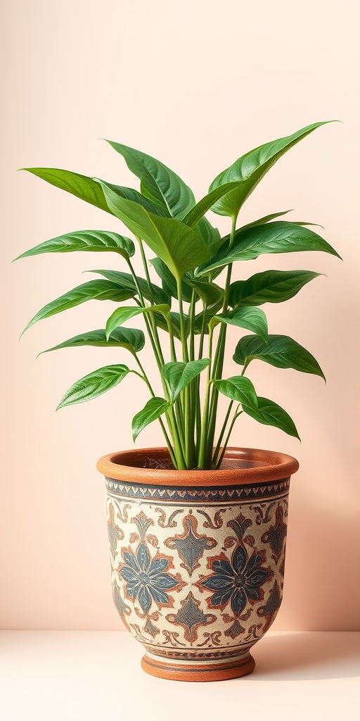 Create a detailed illustration of a lush green plant in a decorative pot against a soft pastel background, using a Canon EOS R5 with a 50mm lens, aperture f/2.8, ISO 100, soft natural lighting, and a slightly overhead view to enhance texture and depth.