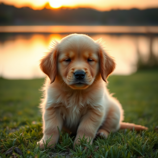 A fluffy golden retriever puppy sitting peacefully on green grass near a calm lake during sunset with its eyes closed and a serene expression.