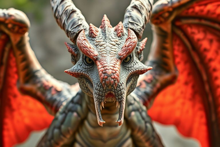 regenerate a high-resolution image of a dragon-like creature with detailed scales, large wings, and a fierce expression, using a DSLR camera with a 50mm lens, f/2.8 aperture, ISO 100, natural lighting, and a close-up angle to enhance image quality