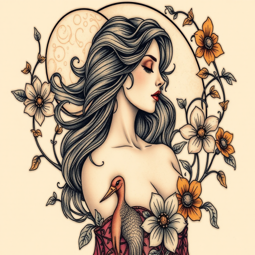 Art Nouveau-inspired tattoo named "Moonlit Serenade" depicting an elegant woman with flowing hair surrounded by whimsical flora and fauna, incorporating sinuous lines and muted color palette