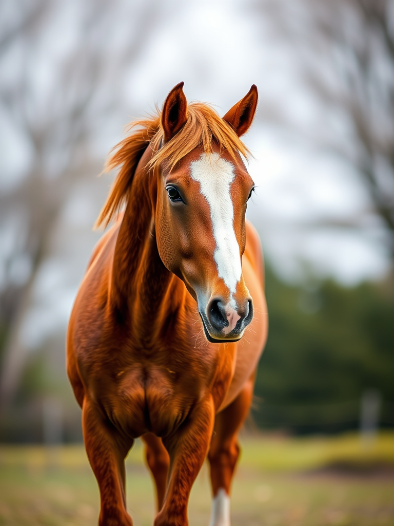 Create a high-resolution digital illustration of a standing chestnut horse with white markings, using a Canon EOS 5D Mark IV with an 85mm lens, aperture set to f/2.8, ISO 100, and a shallow depth of field to emphasize the horse against a blurred background.