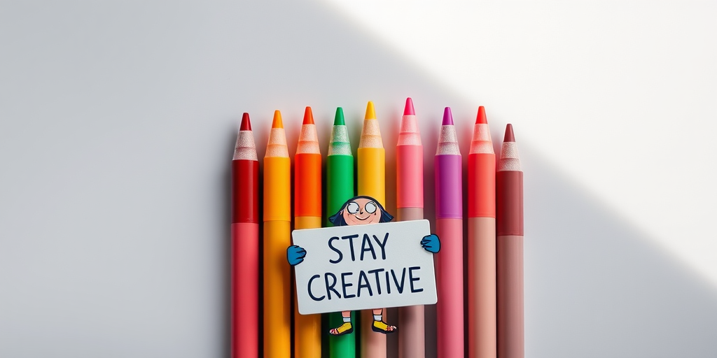 Create a high-resolution flat lay image featuring colorful markers arranged in a line, a whimsical character holding a sign that says "STAY CREATIVE," soft natural lighting, using a Canon EOS R5, f/2.8 aperture, 1/60 shutter speed, and a 24-70mm lens.