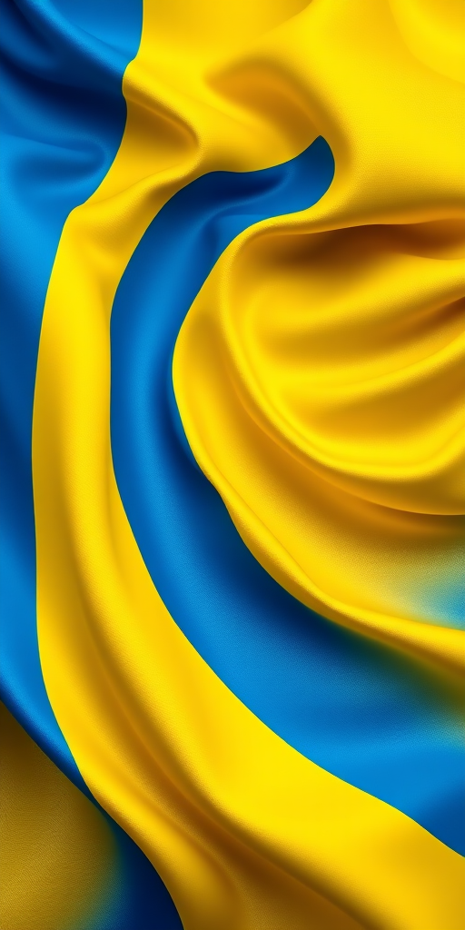 Generate an image of a flowing flag design, featuring the colors blue and yellow in smooth waves, captured with a DSLR camera at f/2.8, 1/125s, ISO 100, with a shallow depth of field and a macro lens for enhanced detail and vibrancy.