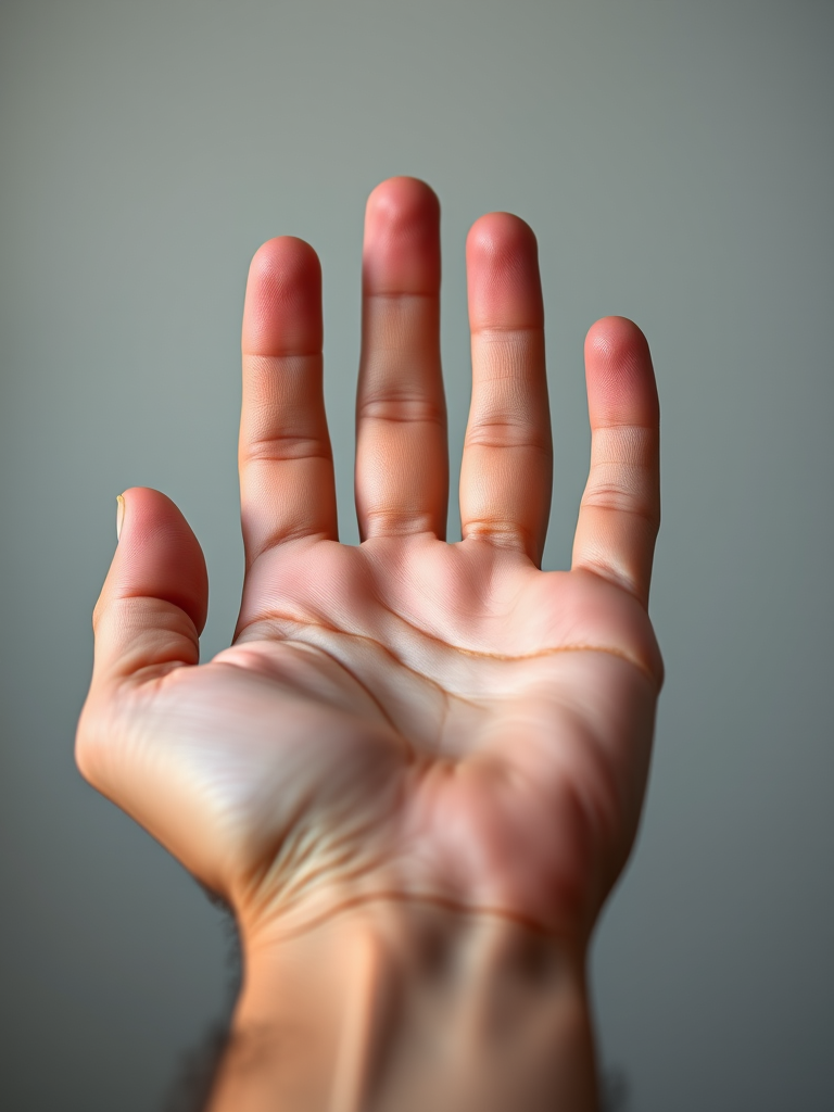Generate an image of an open hand with fingers spread, captured with a Canon EOS R5 at f/2.8, ISO 100, shutter speed 1/200s, using a macro lens, in a studio setting with soft lighting to enhance details and textures.