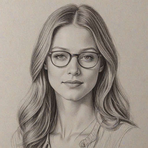 Appealing Melissa Benoist, pencil sketch, portrait of Splendid woman 1976s in glasses, hair style beatnik, outline, clear lines, fine lines, 8k