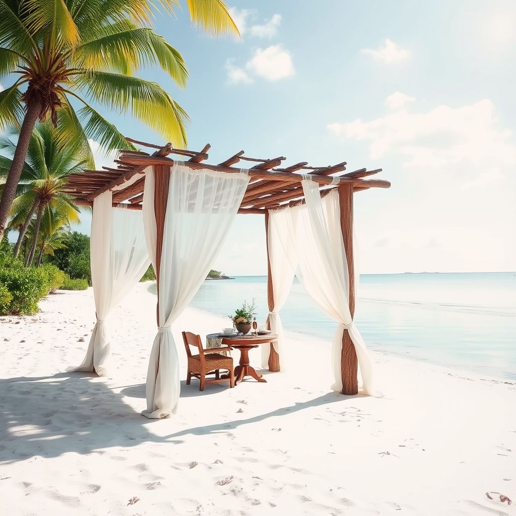 Create a picturesque tropical beach scene featuring a serene, white sandy shore. In the foreground, there's a rustic wooden canopy with white drapes gently flowing in the breeze. Underneath the canopy, a table is set with tropical decor, evoking a sense of relaxation and leisure. The beach extends into a calm, shallow water area with reflections of the sky and surroundings. Palm trees and lush greenery line the edge of the beach, providing a natural, tropical backdrop. The sky is clear with a few scattered clouds, and the overall atmosphere is tranquil and inviting, perfect for a peaceful retreat.