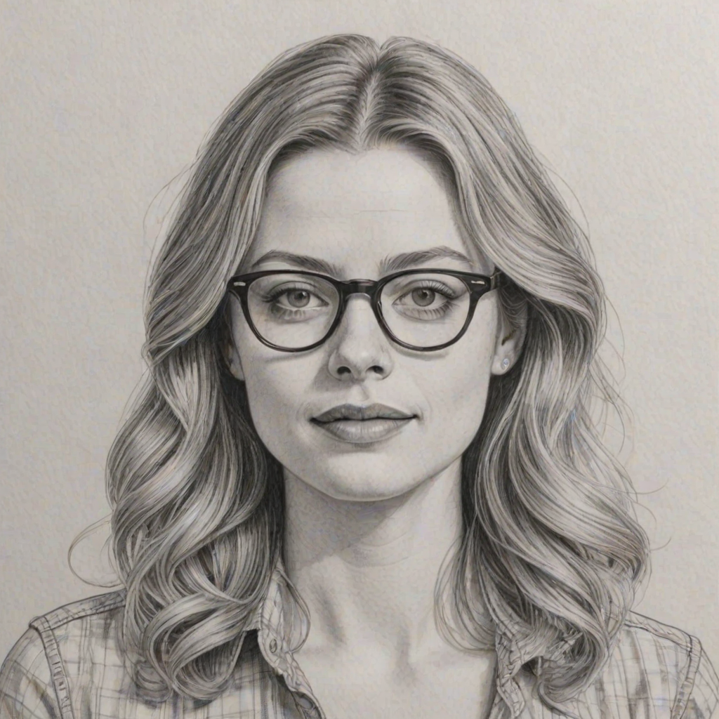 Radiant Gillian Jacobs, pencil sketch, portrait of Delightful woman 1973s in glasses, hair style beatnik, outline, clear lines, fine lines, 8k