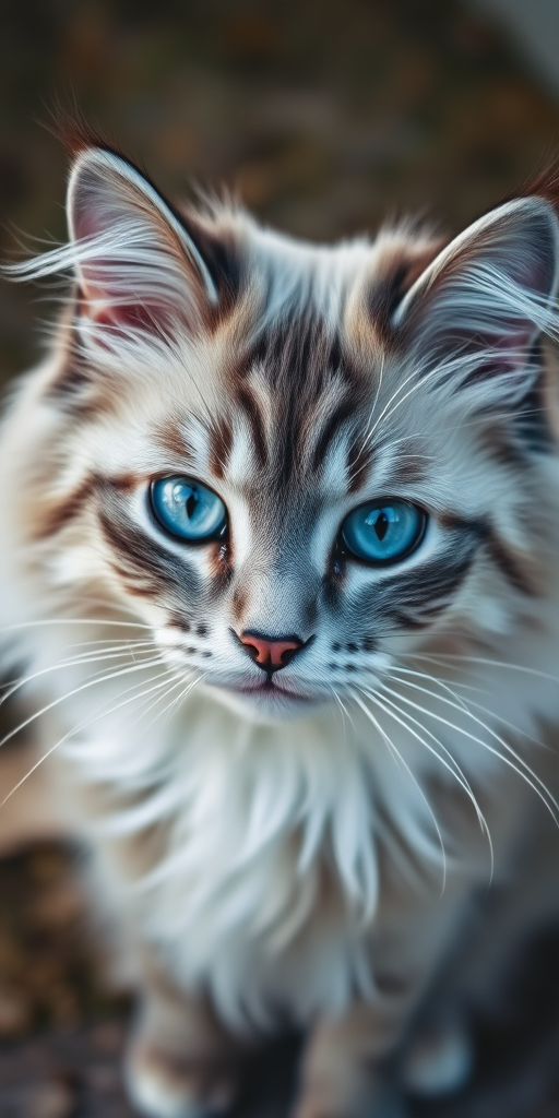 A close-up of a fluffy gray and white cat with striking blue eyes, looking directly at the camera with a serious expression against a blurred natural background.