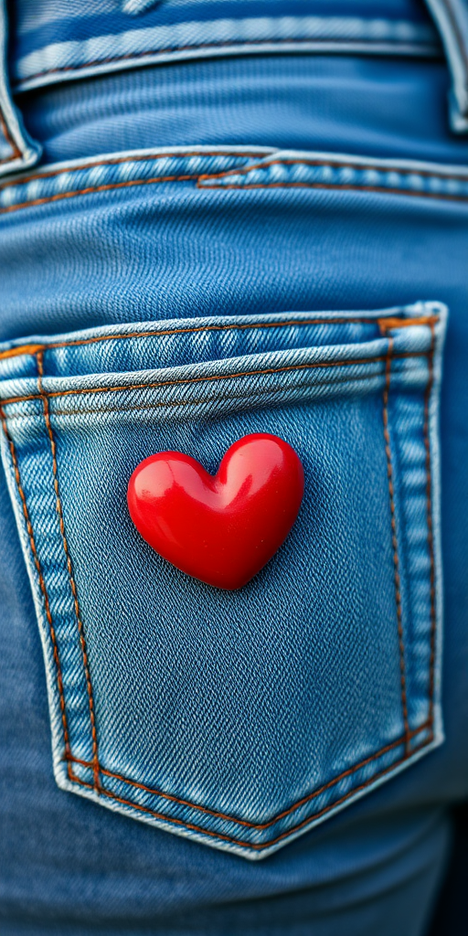 close-up of a red heart sitting in the back pocket of worn blue denim jeans, shallow depth of field, aperture f/2.8, ISO 100, 50mm lens, natural lighting, DSLR camera