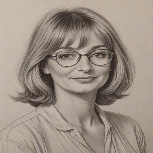 Elegant Penny Marshall, pencil sketch, portrait of Exquisite woman 1977s in glasses, hair style beatnik, outline, clear lines, fine lines, 8k