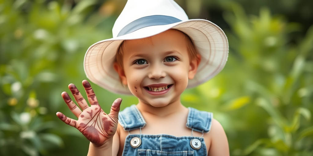 A cheerful child with muddy hands smiling at the camera, wearing a white sun hat and denim overalls, surrounded by lush greenery, captured with a Canon EOS R5, 50mm lens, f/1.8 aperture, ISO 100, and soft natural lighting.
