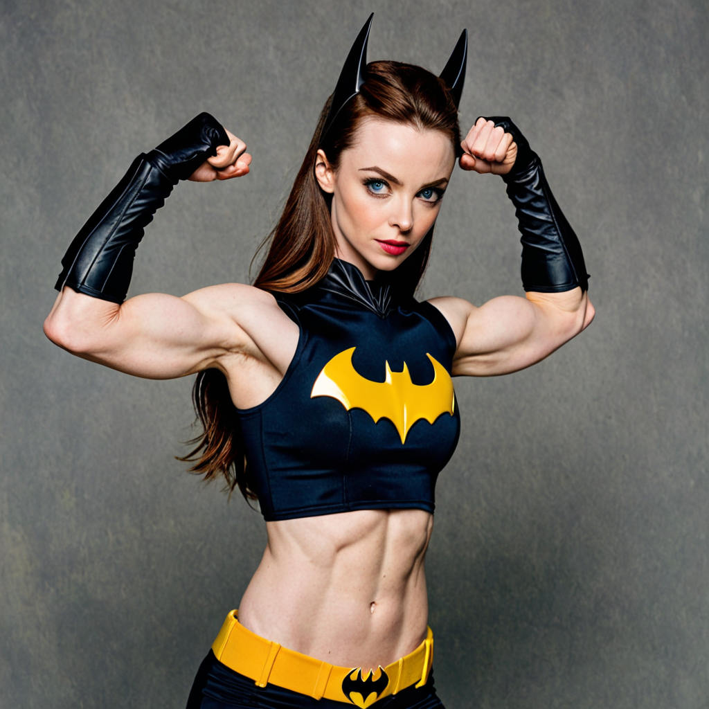 Kacey rohl as batgirl, showing off muscles, flexing, biceps, flexing bicep