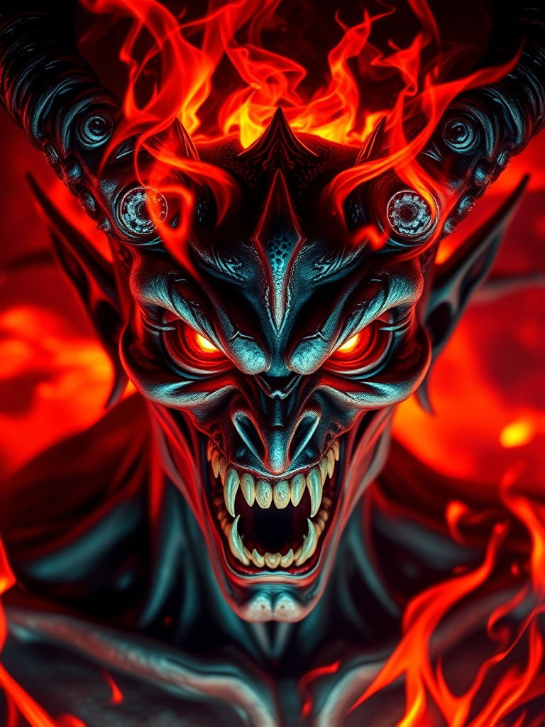 Create an intense fantasy artwork of a demonic figure with glowing red eyes and flames swirling around, using high contrast colors, detailed textures, and dramatic lighting, shot with a DSLR camera at f/2.8, ISO 100, 50mm lens, capturing close-up details in vibrant hues and deep shadows.