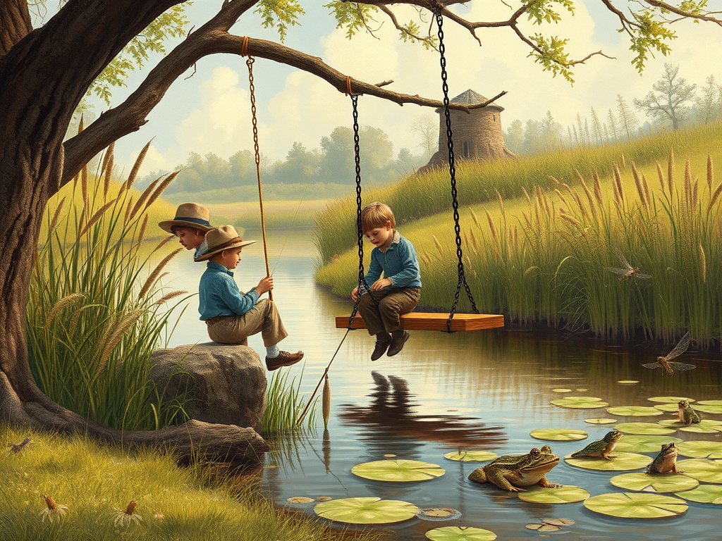 Imagine a small group of old fashioned young boys out fishing by the creek, a swing hanging from a tree branch, reeds and grasses by the water's edge, a frog sitting on a lily pad, dragonflies hovering over som water plans, a very iconic old fashioned scene reminiscent of a Norman Rockwell painting style