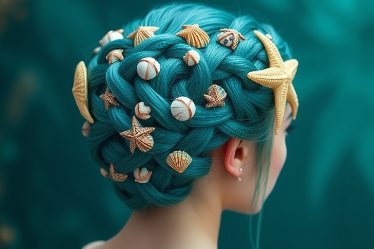 Majestic teal mermaid braid called Oceanic Crown incorporating an elaborate five-strand plait adorned with iridescent seashells and starfish-shaped hair clips for a regal underwater-inspired look
