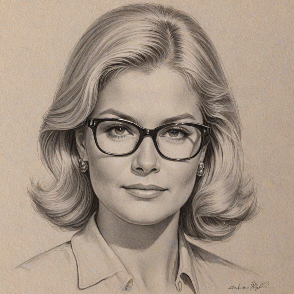 Magnificent Candice Bergen, pencil sketch, portrait of Gorgeous woman 1937s in glasses, hair style beatnik, outline, clear lines, fine lines, 8k