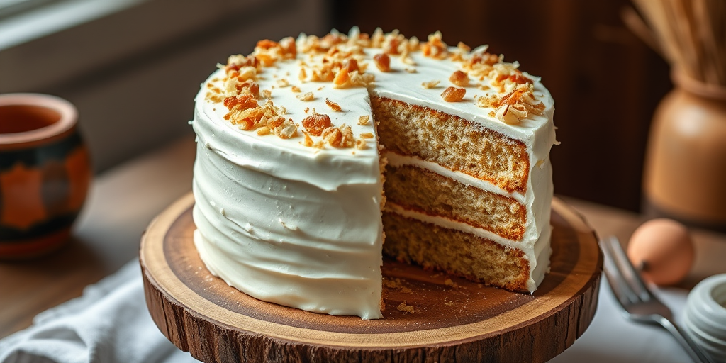 Create an image of a delicious cake with a smooth white frosting topped with toasted coconut flakes and chopped nuts on a wooden cake stand. Show a slice of the cake cut out, revealing its moist layers inside. The setting should have a warm and inviting atmosphere, emphasizing the cake as the focal point.