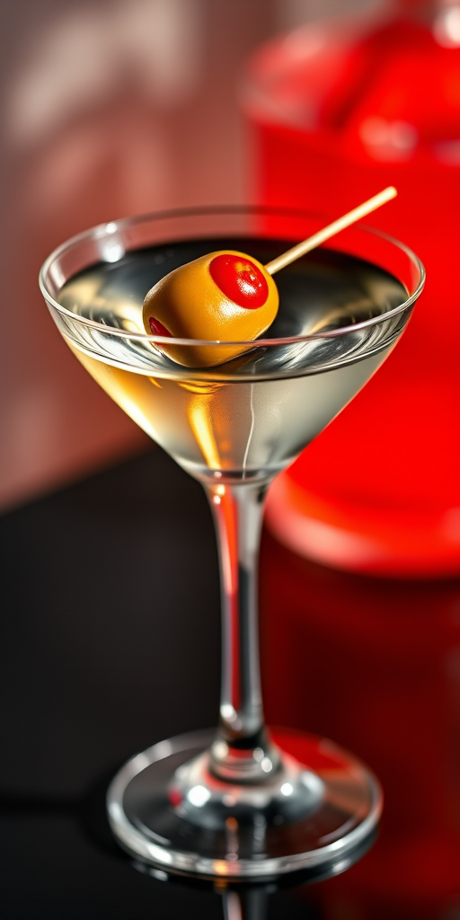 Generate a high-resolution vector image of a martini glass filled with clear liquid, featuring a green olive with a red pimento on a toothpick, using a Canon EOS R camera, 50mm lens, f/2.8 aperture, 1/125 sec shutter speed, and natural lighting for enhanced clarity and detail.