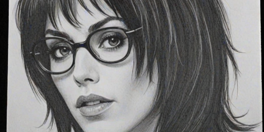Captivating Joan Jett, pencil sketch, portrait of Enchanting woman 1967s in glasses, hair style beatnik, outline, clear lines, fine lines, 8k