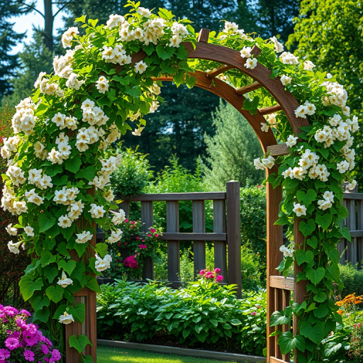 Regenerate a wooden garden arch covered in blooming flowers and lush green vines, captured with a Canon EOS R5, 50mm lens, f/2.8 aperture, ISO 100, in a vibrant natural light setting, shallow depth of field.