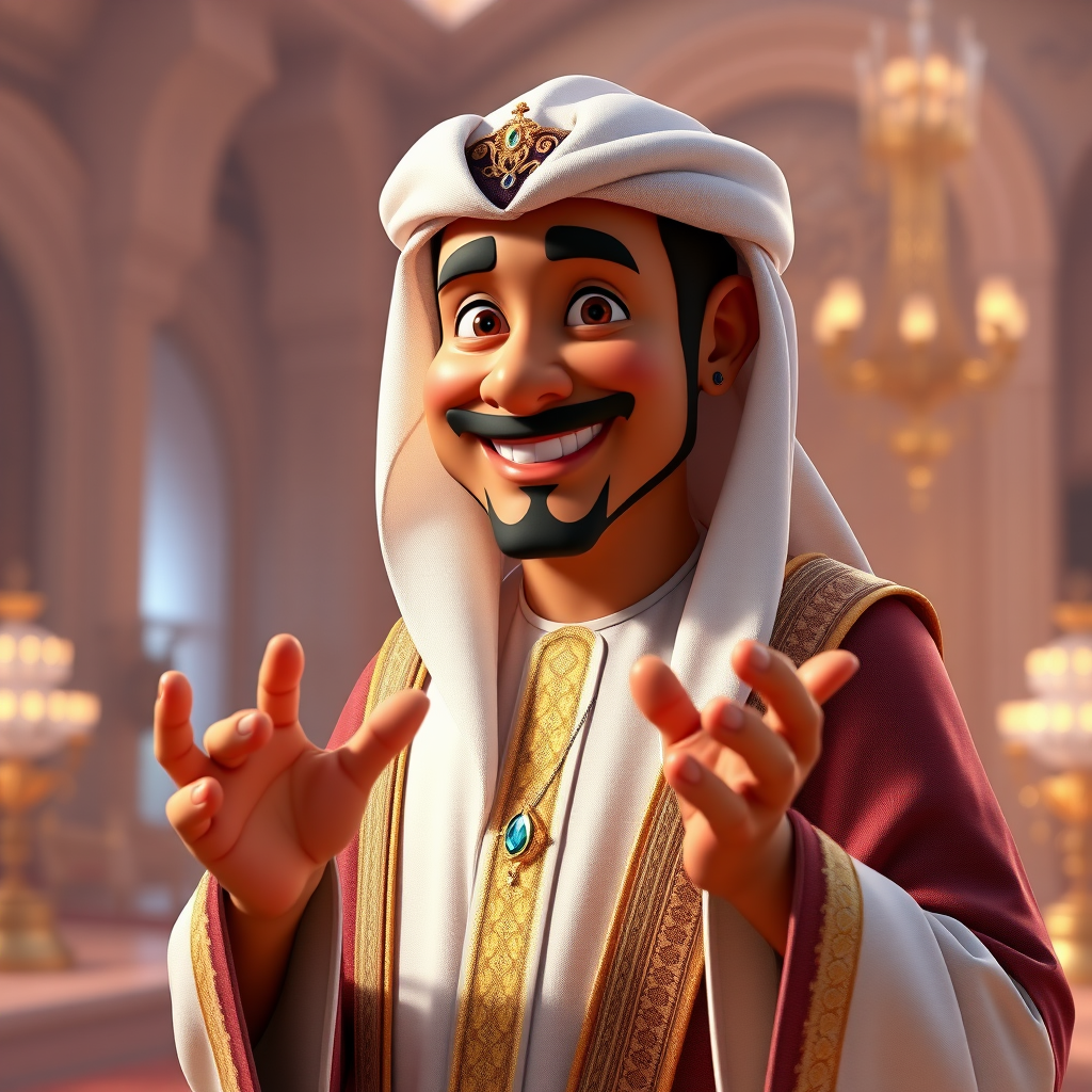 Create a 3D rendering of a wealthy Arab male sheikh from Dubai, inspired by the Disney animation style. The sheikh must have a smile and a playful but wise character. Place your character in an atmosphere of wealth and luxury. The image must be in high resolution format. Dynamic pose above the waist, gesturing with hands (Pixar Art style)++ highly detailed digital painting, art stations, concept art, soft focus, hard focus, illustrations. cinematic, visual effects, HDR, Unreal Engine 5, ray tracing, soft light, 8k, high detail, sparkling backlighting, luxury gem, game art, 3d, cartoon, colorful, magical, mysterious