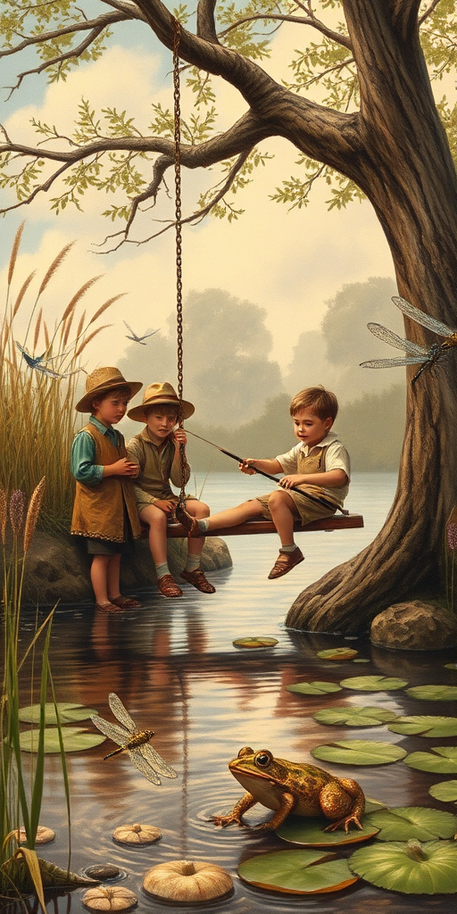 Imagine a small group of old fashioned young boys out fishing by the creek, a swing hanging from a tree branch, reeds and grasses by the water's edge, a frog sitting on a lily pad, dragonflies hovering over som water plans, a very iconic old fashioned scene reminiscent of a Norman Rockwell painting style