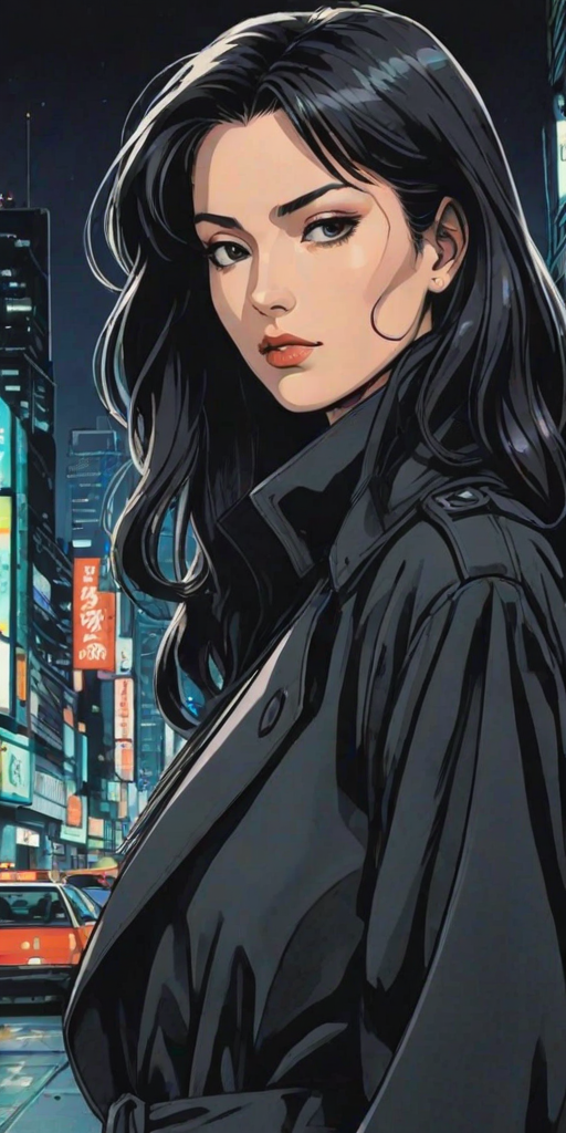 Retro 90s Anime style illustration drawing of a closeup on face of woman wearing a long black trench-coat futuristic city in the background in the style of the 90s anime Akira