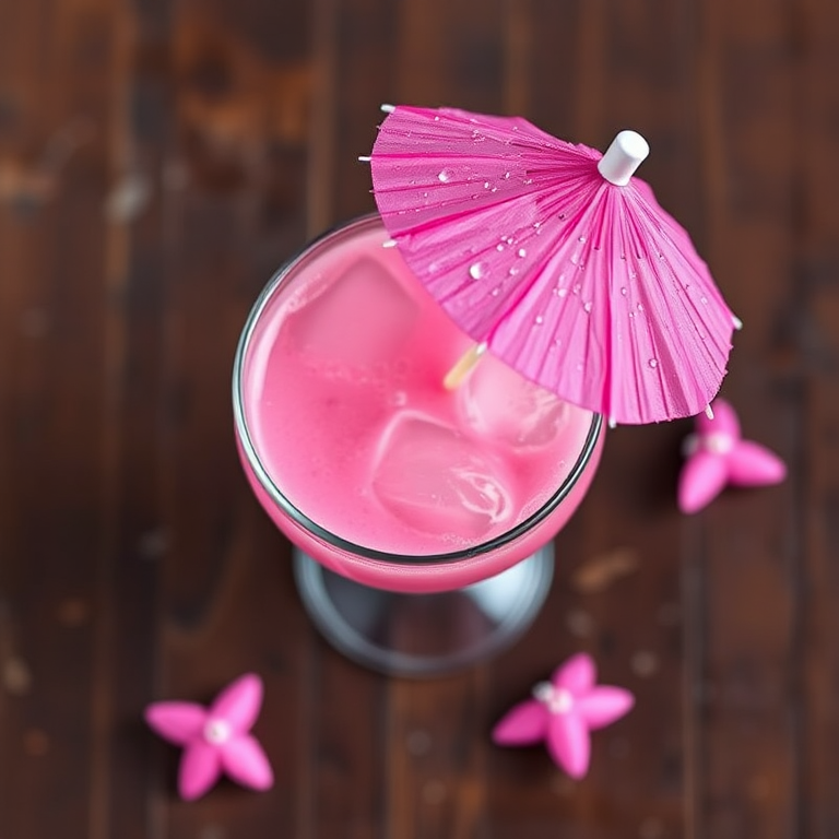 Create a high-resolution image of a pink drink in a clear glass with a pink umbrella, using a Canon EOS 5D Mark IV, aperture f/2.8, ISO 100, with a 50mm lens, top-down view, digital art style.