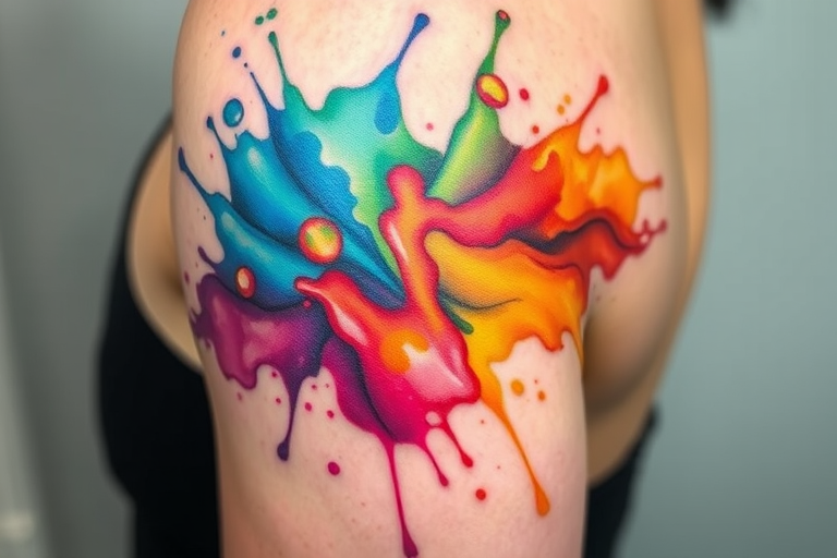 Vibrant watercolor tattoo named "Spectrum Splash" featuring a cascading rainbow of fluid colors blending seamlessly across the skin creating an abstract masterpiece of hues and tones